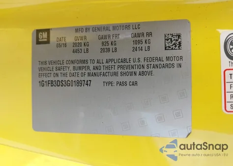 2016 Chevrolet Camaro 1Lt z USA, uszkodzony, nr VIN 1G1FB3DS3G0189747